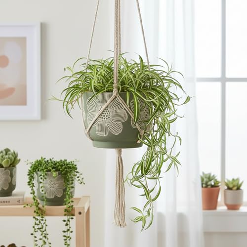 6 Inch Ceramic Plant Pots with Drainage Holes for Indoor Plants (6 Inch - 1 Pack / Modern Green Floral)