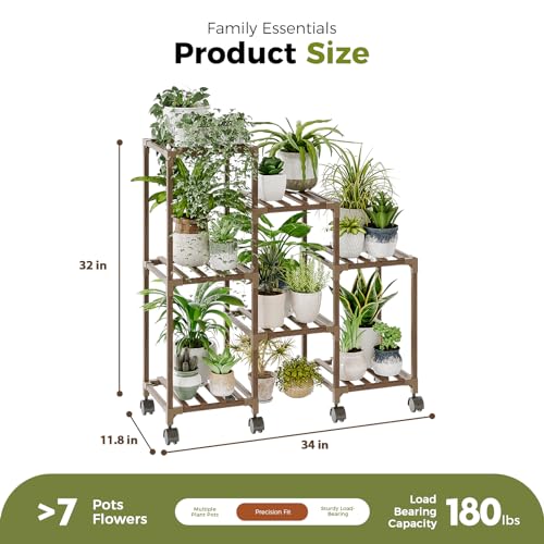 Plant Stand with Wheels for Indoor Plants Wood Outdoor Tiered Shelf 3 Tire 7 Potted Ladder Plant Holder Table Pot Stand for Window Garden Balcony Patio Living Room