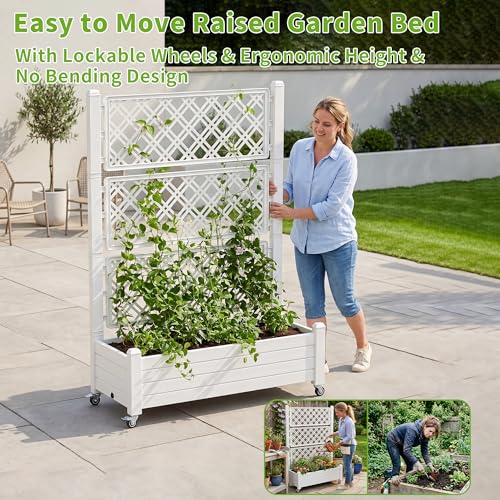 Mobile Raised Garden Bed with Trellis & Locking Wheels (Ashen / 43.43*18.27*64.29)