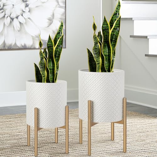 Planters for Indoor Plants Set of 2 Modern Metal Planter with Stand (Cream White / 8"&10")