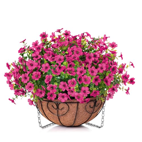 Artificial Fake Hanging Plants Flowers Basket for Outdoor Outside Porch Summer Decoration (Rose Red)