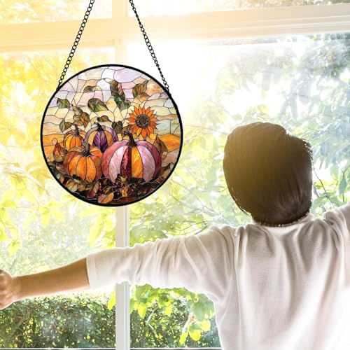 Fall Sunflowers Pumpkins Stained Glass Window Hanging Suncatcher Gifts 15" (Orange Pink / 14.9x14.9 IN)