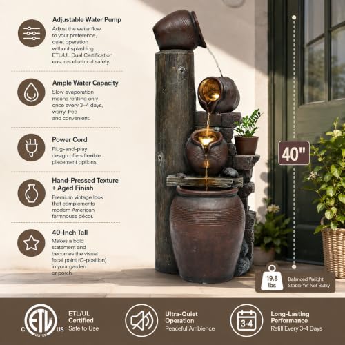 AUTODAYA 40" Overszied Outdoor Water Fountain LED Cascading Waterfall 4 (39.5"h Antique Terracotta)