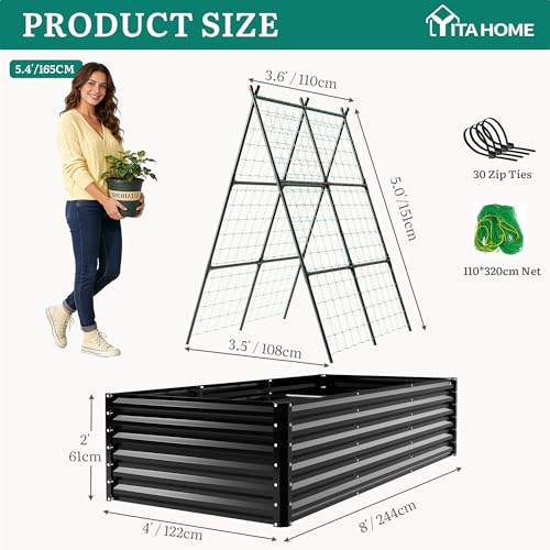 8x4x2ft Galvanized Raised Garden Bed with Cucumber Trellis (Black / 8x4x2ft W/ Trellis)