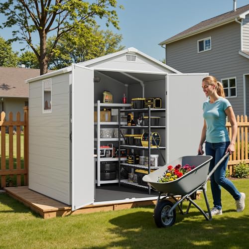 6x6FT Plastic Outdoor Storage Shed with Floor (6x6FT / Light Gray)
