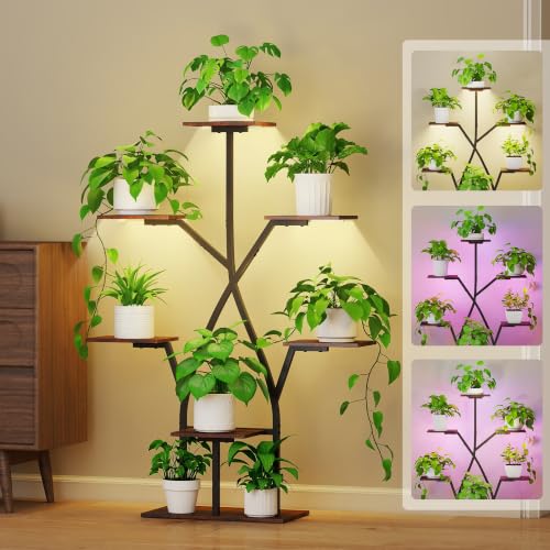 Plant Stand Indoor with Grow Lights 50" Plant Shelf Corner Lighted Plant Stands for Indoor Growing Multiple Metal 7 Tiered Large S (Black-50")
