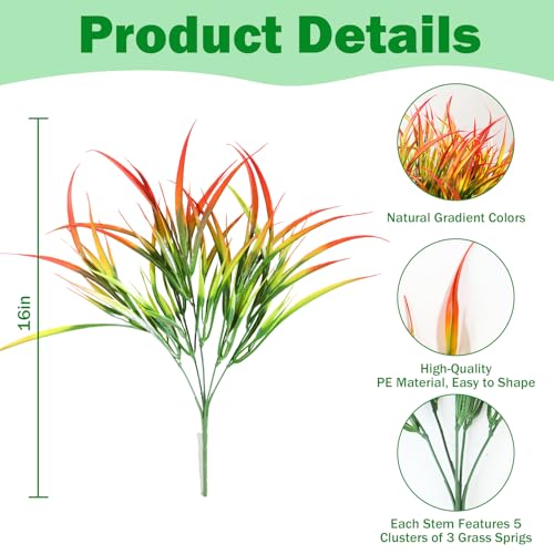 28 Bundles Artificial Outdoor Plants UV Resistant Fake Grass Plants Faux Plastic Plants for Home Garden Spring Summer Decor (Green & Red / 28)