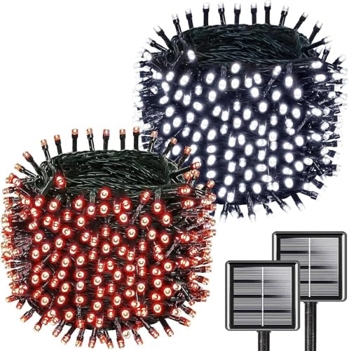 2pack 500LED Solar String Lights Outdoor Waterproof Red & White (Red & Cool White / 2PK-500LED)