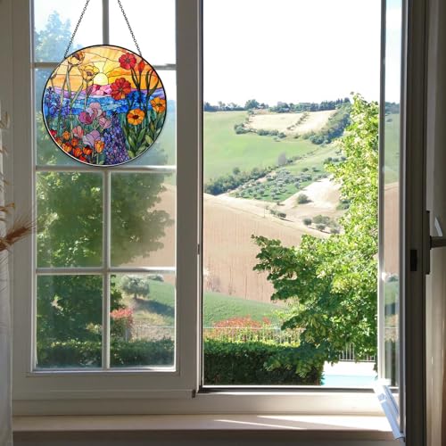 Wildflowers Sun Catcher 9.8'' Stained Glass Window Hanging Plant Lover Gifts for Women Wildflowers Wall Decor Handmade Sun Catcher Decoration for Window Garden Home Christmas & Birthday Gifts (Wildflowers / 9.8inch)