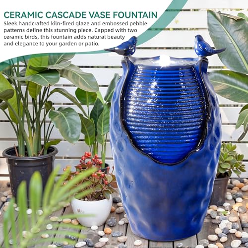 Autodaya 25" Ceramic Jar Outdoor Water Fountain with Hammered Texture (23.5"h-honeycomb Pot Cobalt Blue Glaze)