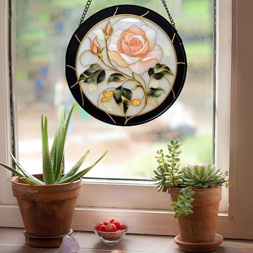 Pink Rose Stained Glass Window Hanging Suncatcher Gifts for Women 12"