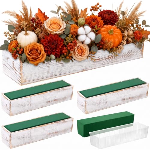4 Set Wood Boxes for Centerpieces 16x4 Inch Rectangle Wooden Planter Box Rustic Wooden Planters with Removable Plastic Liner Floral Foam Blocks for Christmas Wedding Home Garden Decor (16 x 4 Inch / White)