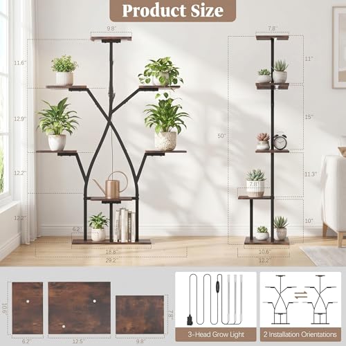 Plant Stand Indoor with Grow Lights 50" Plant Shelf Corner Lighted Plant Stands for Indoor Growing Multiple Metal 7 Tiered Large S (Black-50")