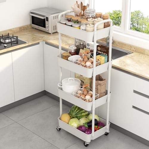 4 Tier Plastic Rolling Utility Cart with Wheels for Storage