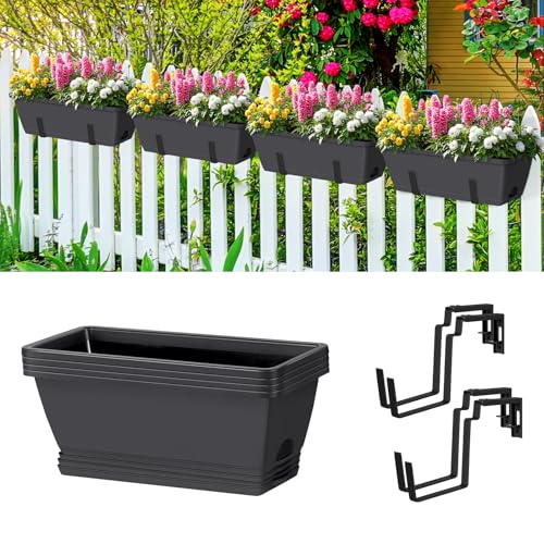 4 Pack 17 Inch Deck Railing Planter Boxes Adjustable Window Boxes Planters (Gray+black Brackets)