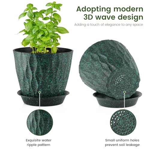 7/6.5/6/5.5/5/4.5/4 inch Plant Pots for Indoor Outdoor Plants, 7 Pack Thick Flower Pots with Drainage Holes and Saucers, Wave Texture Plastic Planters Nursery Pots, Black with Green Speckles (Black With Green Speckles / 7+6.5+6+5.5+5+4.5+4 inch 7 pieces)