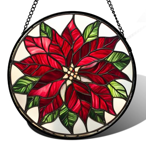 Red Poinsettia Flower Stained Glass Window Hanging Suncatcher Gifts 15" (Red and White / 15x15 IN)