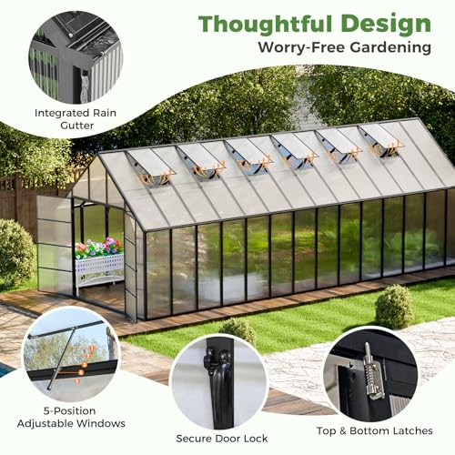 28x10x10 FT Polycarbonate Greenhouse with 6 Roof Vents (28x10x10 FT)