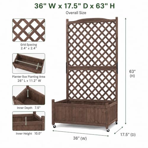 Trellis Raised Garden Bed with Wheels Trellis for Climbing Plants Outdoor (Dark Brown / H63 × W36 × D17.5 in)