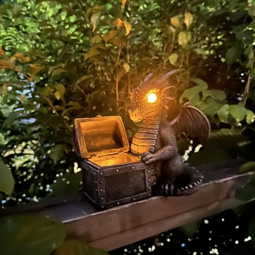 Garden Dragon Statue Solar Powered Outdoor Figurine Light Decor Cute and Hold Glowing Treasure Chest Resin Sculpture Home Decoration for Porch Patio Lawn Farm Yard Housewarming Ornament Gift (treasurebox)