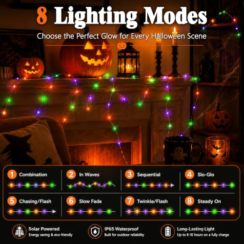 Halloween Solar Fairy Lights 2 Pack 16.4FT 50LED Each (Orange Purple & Green / 16.4ft)