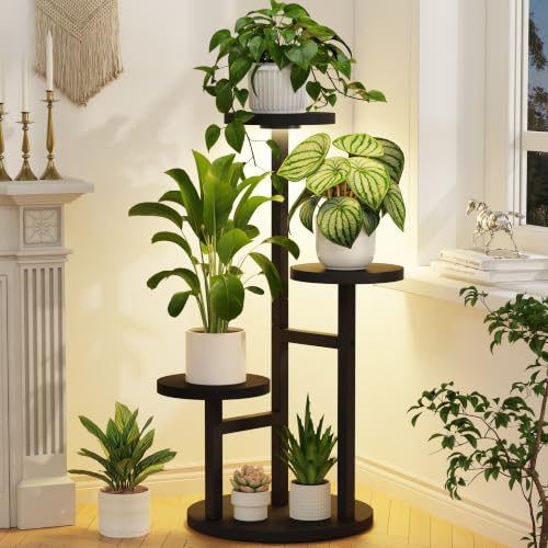 Wood Small Plant Stand Table Indoor Tall with Lights (Black with Light / 3 Tier)