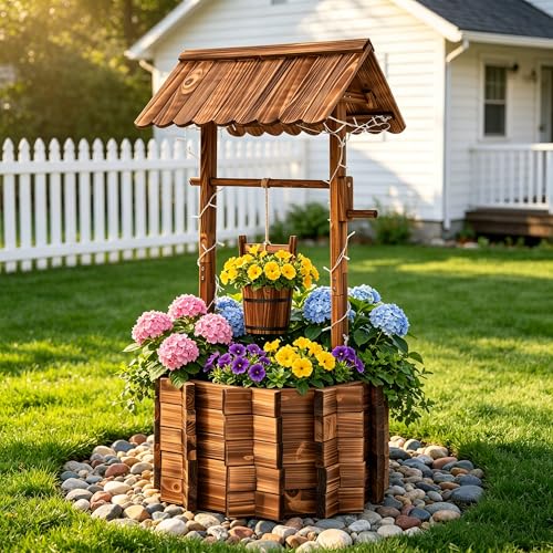 54" Outdoor Wooden Wishing Well Planter with Colorful LED Lights (54" H-wishing Well Planter)