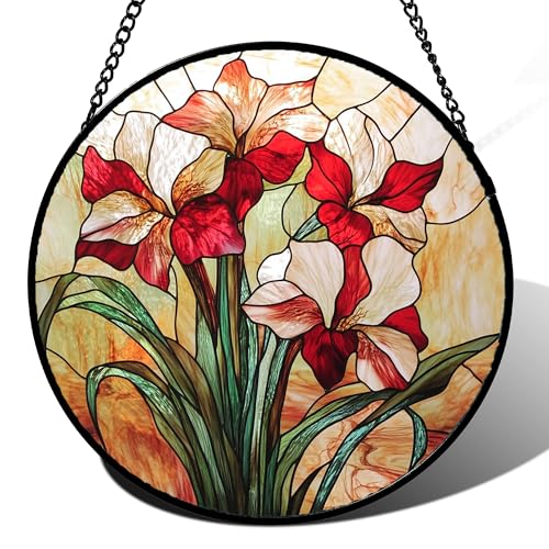 Red Flowers Green Leaves Stained Glass Window Hanging Suncatcher Gifts 15" (Red / 15x15 IN)