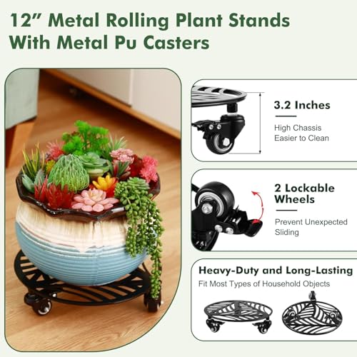 2 Packs Metal Plant Caddy with Wheels 12 inches Heavy (12")