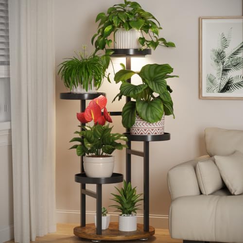 Plant Stand for Indoor Corner (Jet Black-Brown with Light / 4 Tier)