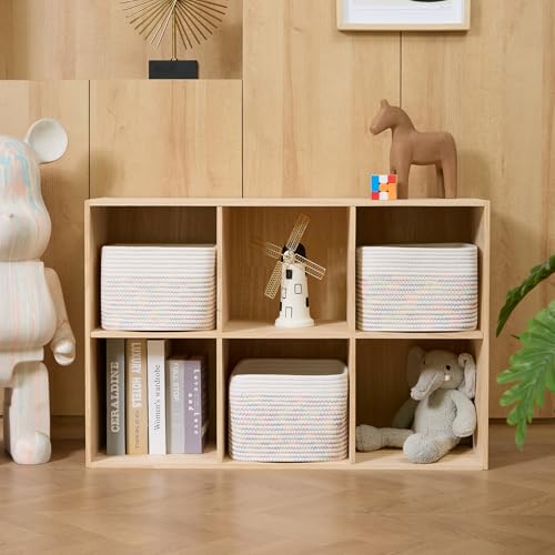Small Organizing Baskets for Cubes Shelf (Square-9L (▢9.7"×9.7"×H7.1") / Off White & Rainbow Stitches)