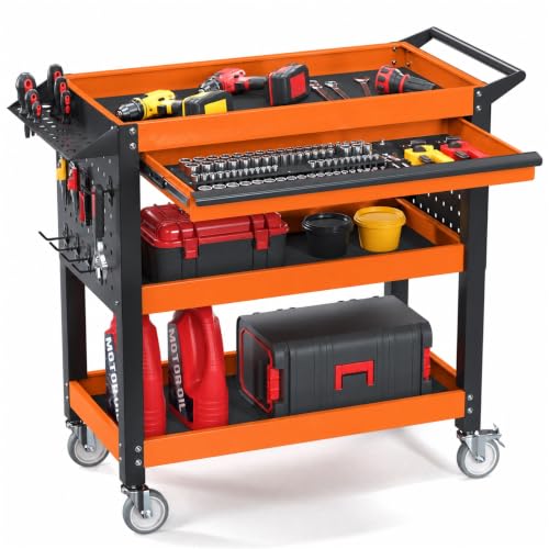 3 Tier Heavy Duty Metal Rolling Tool Cart with Drawers (Orange With Drawers)