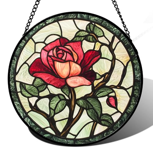 Stained Glass Window Hanging Red Rose Suncatcher Gifts for Women 15"