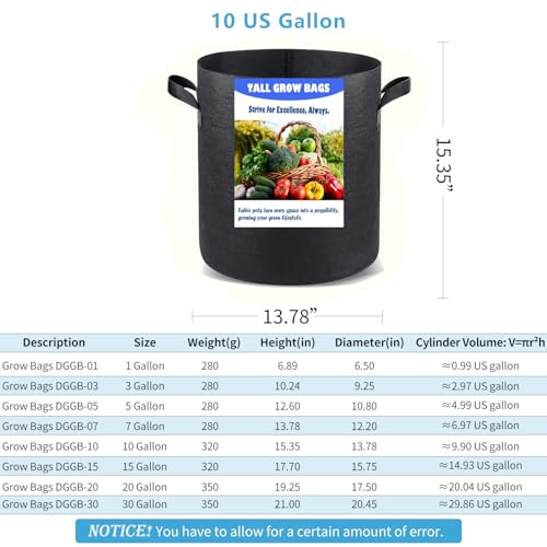 Taller Grow Bags (Black / 10 US Gallons 6 Pack)