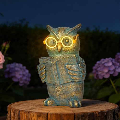 Reading Owl Statue with Solar Glasses Garden Decor Gift for Women (Owl)