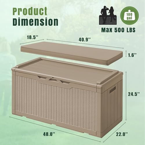 100 Gallon Resin Deck Box Large Outdoor Storage with Cushions for Patio Furniture (Light Coffee / 100 Gallon with Cushion)