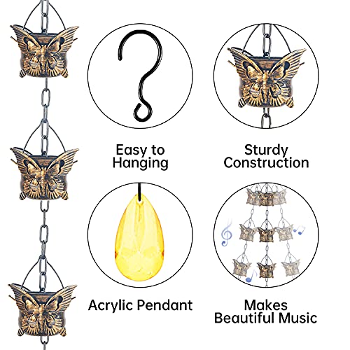 Rain Chains for Gutters Outside 8.5FT Copper Rain Catcher Chain with 13 Butterfly Cups Decorative Replacement for Downspout (Copper Butterfly)