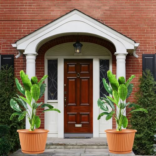 Planter-Pots-for-Plants-Indoor-Outdoor, 4 Pack 10 Inch Plastic Flower Pots with Saucer & Drainage Holes, Modern Garden Planters for Planting Medium Large Plants，Decorative Resin Garden Pots (Terracotta / 10 inch)