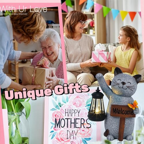 Garden Statue Solar Cat Figurine with LED Lantern