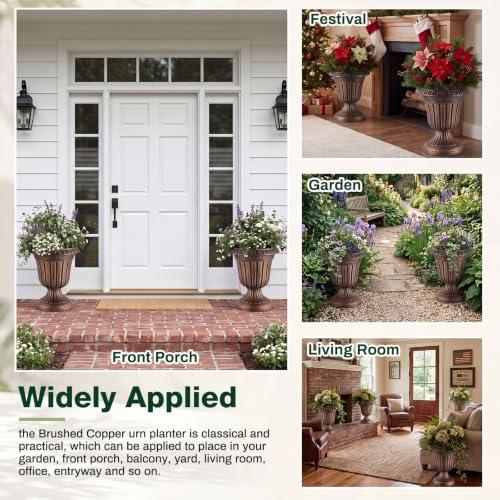4 Pcs 13 x 15 Inches Brushed Copper Plastic Urn Planter Classic Flower Pots Front Porch Planters Indoor Outdoor Planters with Pedestal for Wedding Party Bridal Shower Garden Patio Porch (13 x 15 Inches / Brushed Copper)
