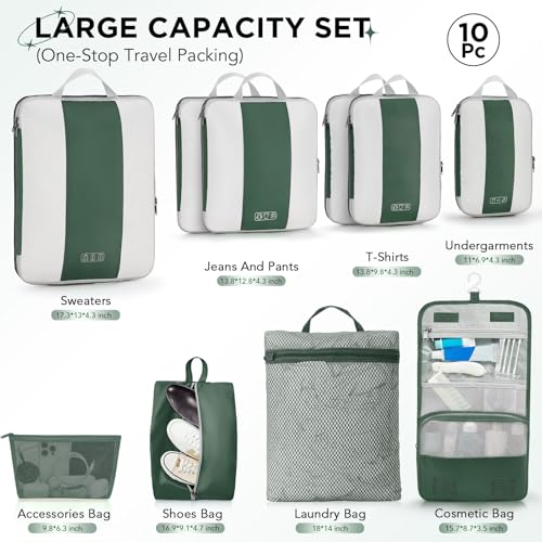 10 Set Compression Packing Cubes for Travel Essentials (Dark Green)