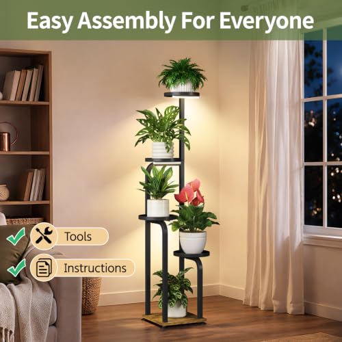 Plant Stand Tall for Indoor Corner with Grow Lights (Metallic Black with Light / 5 Tier)