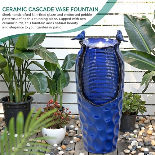 Autodaya 33" Vase Ceramic Outdoor Water Fountain with Lights and Birds (33"h-hammered Cobalt Blue)