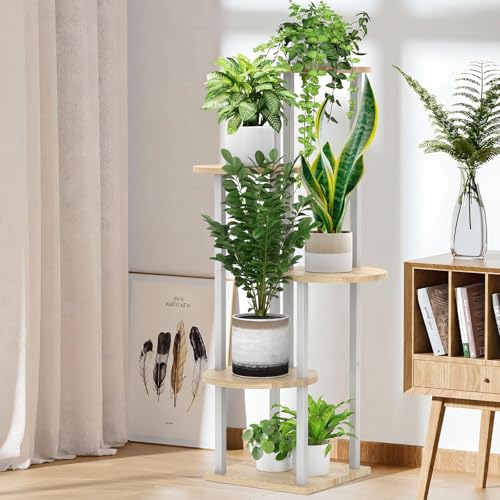 5 Tier Plant Stand Indoor Corner Tall Shelf for Multiple Plants (White+Oak / 5 Tier)