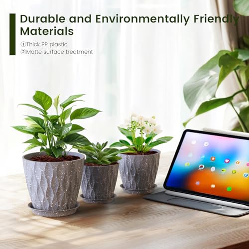 7/6.5/6/5.5/5/4.5/4 inch Plant Pots for Indoor Outdoor Plants, 7 Pack Thick Flower Pots with Drainage Holes and Saucers, Modern Wave Texture Plastic Planters Nursery Pots, Speckled Grey (Grey With White Speckles / 7+6.5+6+5.5+5+4.5+4 inch 7 pieces)
