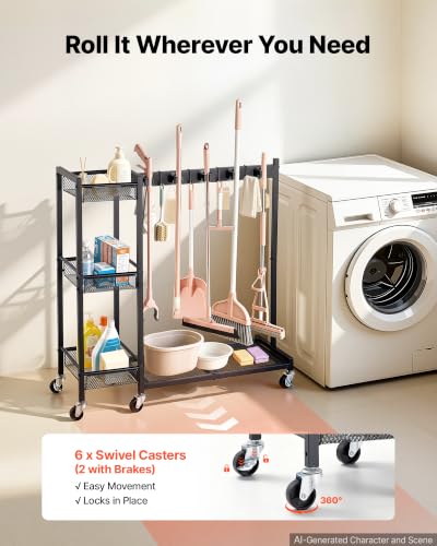 Broom Holder with Cleaning Supplies Organizer (Medium)