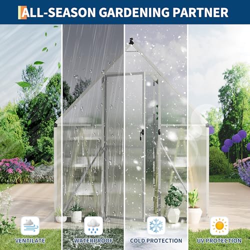 6X4FT Polycarbonate Greenhouse with Aluminum Frame (Silver / 6x4FT)