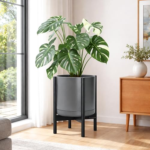 Ceramic Pot with Ebony Wood Stand (14 Inch / Grey Pot + Ebony Stand)