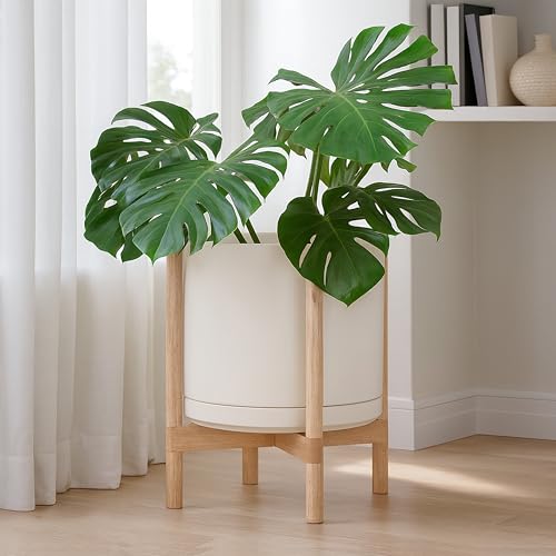 Ceramic Pot with Natural Wood Stand (14 Inch / Oatmeal Pot + Natural Stand)