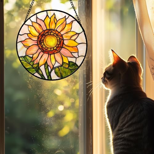 Stained Glass Window Hanging 4 Pcs Set Lily Rose Sunflower Poppy 7.8" (4-piece Red and Blue Set / 7.8x7.8 IN)